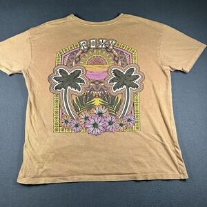 Roxy Shirt Womens Large Orange Floral Palm Tree Sunset Graphic Tee Top Surf
